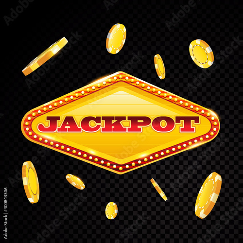 Retro casino banner jackpot with poker chips and leisure cards falling