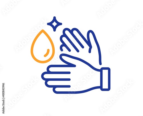 Wash hands line icon. Covid hygiene sign. Clean washing symbol. Quality design element. Line style wash hands icon. Editable stroke. Vector