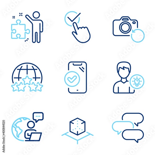 Technology icons set. Included icon as Approved phone, Talk bubble, Rating stars signs. Augmented reality, Person idea, Checkbox symbols. Recovery photo, Strategy line icons. Line icons set. Vector