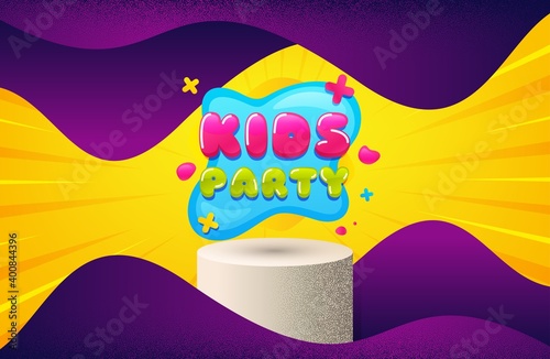 Kids party sticker. Background with podium platform. Fun playing zone banner. Children games party area icon. Dotted offer podium banner. Dotwork platform background. Kids party badge. Vector