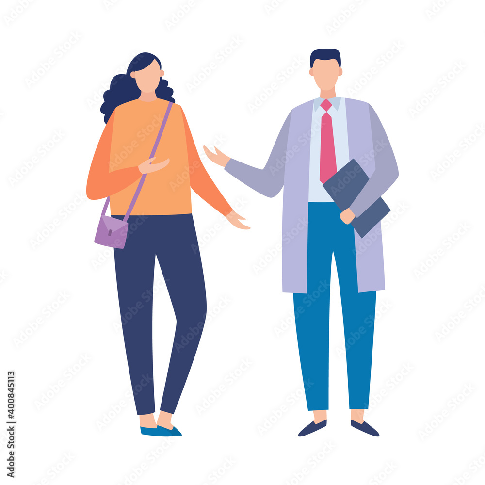 Doctor male character talking to woman patient flat vector illustration isolated. Doctor male character talking to woman patient flat vector illustration isolated.