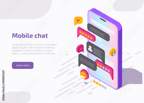 Mobile chat application interface on smartphone screen with message, emoji, speech bubbles in dialog. Design of messenger app. Vector landing page with isometric illustration of online conversation.