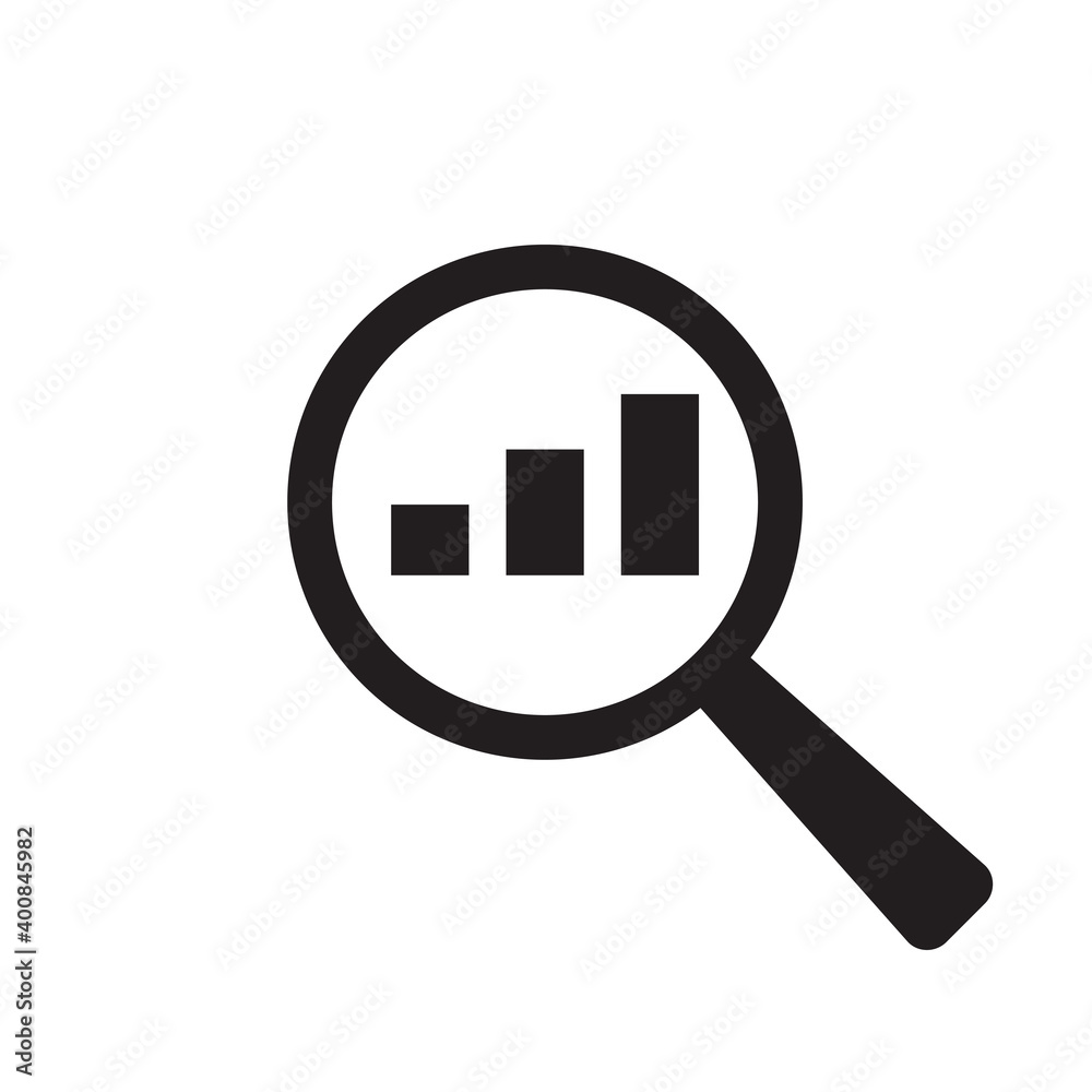 Magnifier stock market infographic black icon on white background. Lens analyzing ispection financial graph. Magnifier stock market infographic black icon on white background. Lens analyzing ispection financial graph.