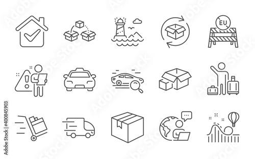 Return parcel, Parcel shipping and Lighthouse line icons set. Truck delivery, Packing boxes and Taxi signs. Eu close borders, Push cart and Search car symbols. Line icons set. Vector