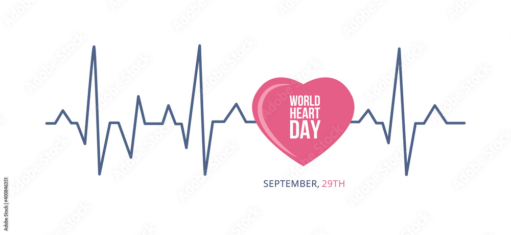 Vector illustration of concept world heart day with heartbeat line, heart, text.