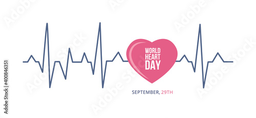 Vector illustration of concept world heart day with heartbeat line, heart, text.