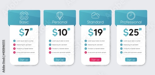 Air balloon, Cloudy weather and Seo gear line icons set. Price table chart, business plan template. Time sign. Sky travelling, Sky climate, Cogwheel. Office clock. Science set. Vector