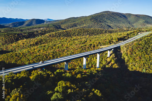 USA, West Virginia, Drone view ofÔøΩClifford Hollow Bridge in autumn photo