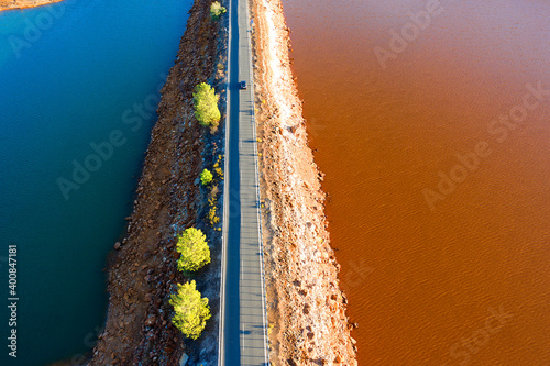 Spain, Andalusia, Huelva, Drone view Gossan Dam highway