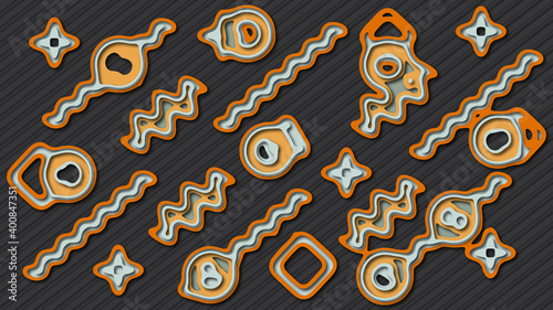 Background with freaky wavy geometric forms. Smooth shapes in different colors in papercut style on black background.