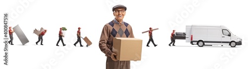 Elderly man holding a box and movers carrying home appliences and furniture into a white van photo