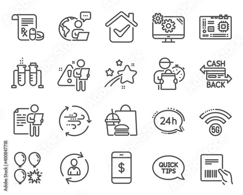 Business icons set. Included icon as Cashback card, Smartphone payment, Job interview signs. Motherboard, 5g wifi, Person info symbols. Quickstart guide, 24h service, Settings. Wind energy. Vector
