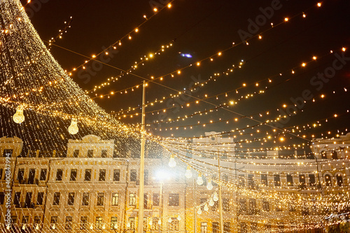 View of Christmas decorations in Kiev city center on winter night.