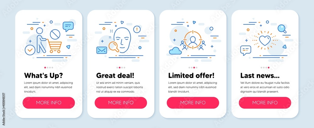 Set of People icons, such as Business targeting, Face search, Stop shopping symbols. Mobile screen banners. Heart line icons. People and target aim, Find user, No buying. Love. Vector