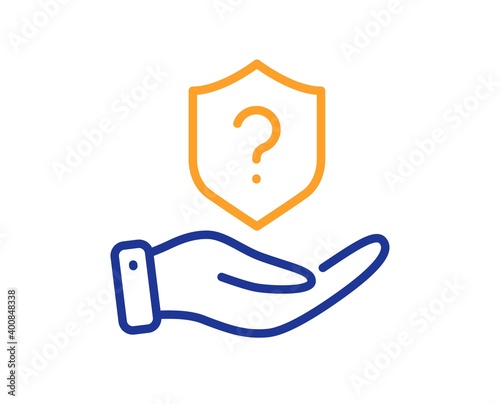 Protection shield line icon. Helping hand sign. Question mark symbol. Quality design element. Line style protection shield icon. Editable stroke. Vector