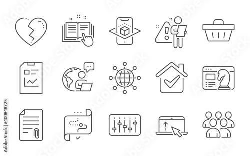 Augmented reality, Group and Target path line icons set. International globe, Seo strategy and Technical documentation signs. Shopping basket, Broken heart and Attachment symbols. Vector