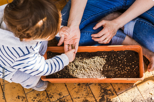 Boy helping mother while planting seed in pot at balcony