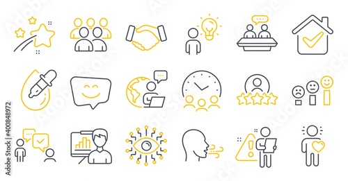 Set of People icons, such as Breathing exercise, Group people, Smile face symbols. Meeting time, Artificial intelligence, Human rating signs. Presentation board, Friend, Employees talk. Vector