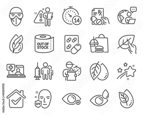 Healthcare icons set. Included icon as Farsightedness, Medical mask, Capsule pill signs. Uv protection, Mineral oil, Prescription drugs symbols. Medical vaccination, Quarantine, Eye drops. Vector