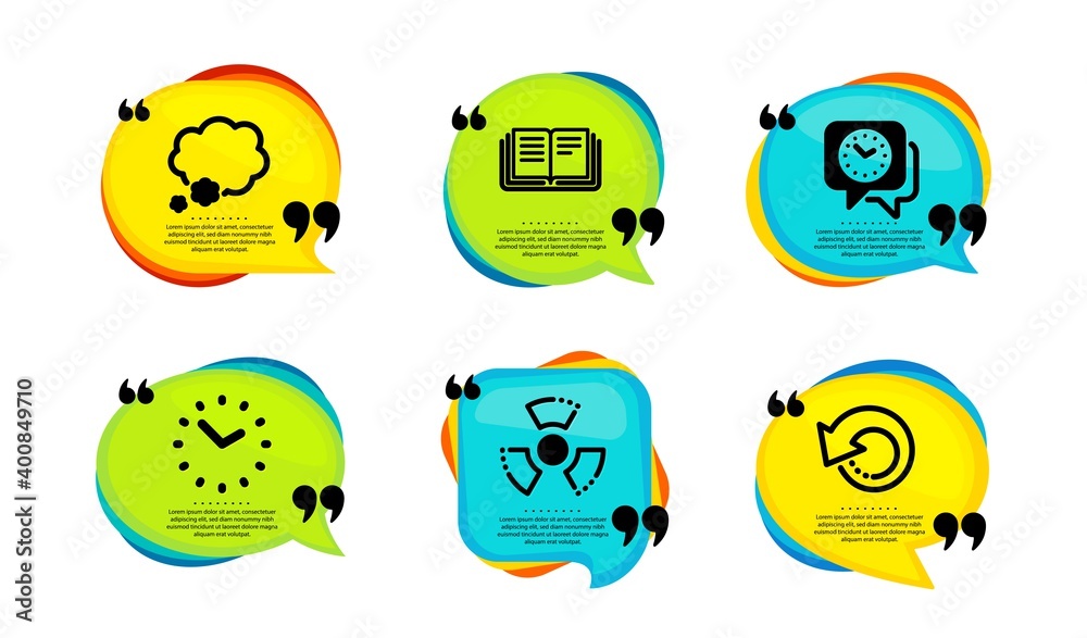 Education, Talk bubble and Time icons simple set. Speech bubble with quotes. Chemical hazard, Clock and Recovery data signs. Instruction book, Chat message, Clock. Toxic, Time, Backup info. Vector