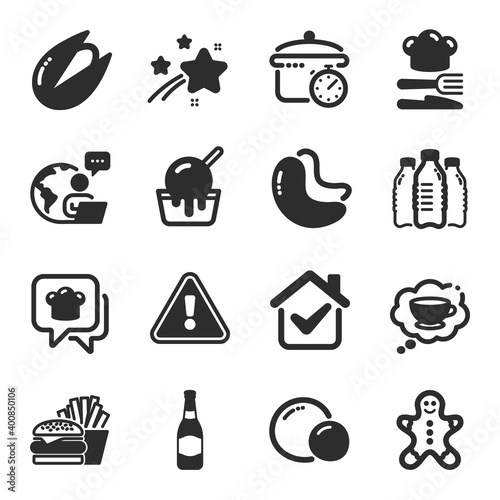 Set of Food and drink icons, such as Gingerbread man, Ice cream, Coffee cup symbols. Peas, Food, Pistachio nut signs. Cashew nut, Cooking hat, Boiling pan. Beer bottle, Water bottles. Vector