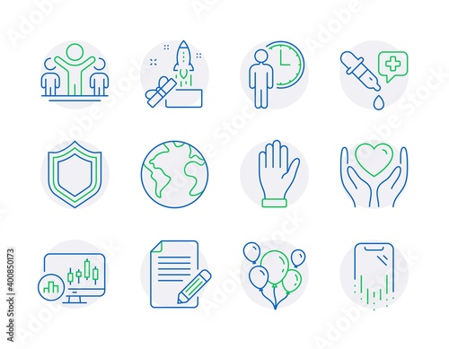 Business icons set. Included icon as Security, Article, Balloons signs. World planet, Chemistry pipette, Candlestick chart symbols. Winner, Hold heart, Hand. Waiting, Innovation. Vector