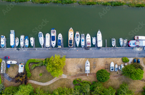 France, Aisne, Saint-Quentin, Aerial view of boats moored along CanalÔøΩdeÔøΩSaint-Quentin