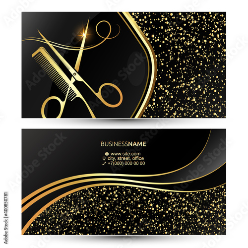 Beauty salon and stylist hairstyle business card beautiful golden black shiny design