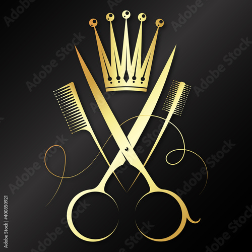 Symbol for beauty salon and hairstyle stylist. Gold scissors and crown comb