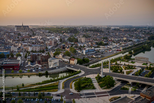 France, Aisne, Saint-Quentin, Aerial view of CanalÔøΩdeÔøΩSaint-Quentin and surrounding city at dusk