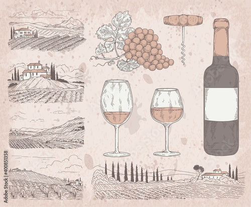 Wine manufacturing set with vineyards, engraved vector illustration isolated.