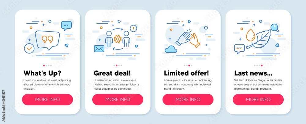 Set of Business icons, such as Clapping hands, Engineering team, Quote bubble symbols. Mobile screen app banners. Leaf dew line icons. Clap, Engineer person, Chat comment. Water drop. Vector