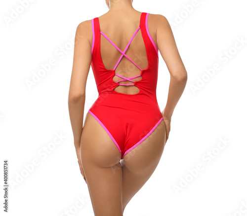 Sexy young woman in stylish swimsuit isolated on white, closeup. Beach body goal
