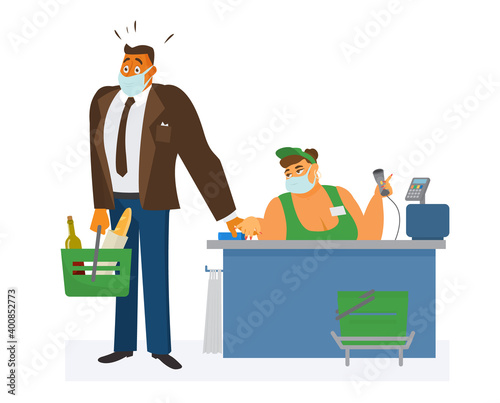 Man in supermarket in protective mask in shock because unwanted touch by cashier. Man near checkout with basket with products. Vector illustration.