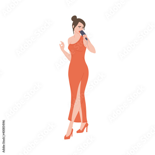 Female singer in red dress with microphone performing song a vector illustration