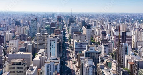 Avenida Paulista, aerial view of the urban landscape on sunny day and blue sky. Sao Paulo, Brazil