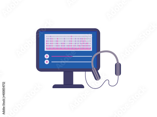 Computer screen with equalizer and headset flat vector illustration isolated.