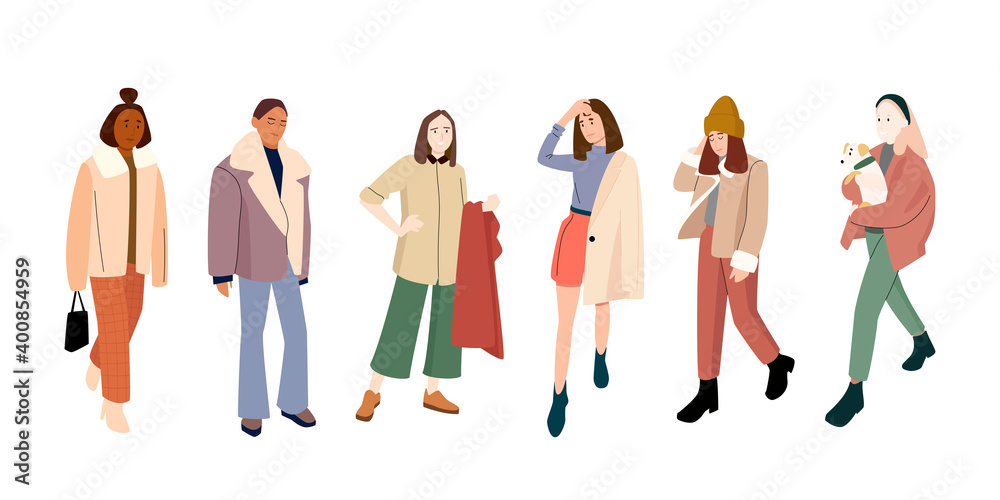 A set of women dressed in fashionable modern clothes. Flat vector illustration 