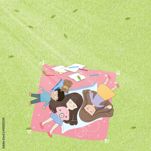Cute boy and girl lying down on grass fields, Cartoon mixed race kids listening music on phone in the park, Happy children relaxing and having fun outdoor on spring or summer