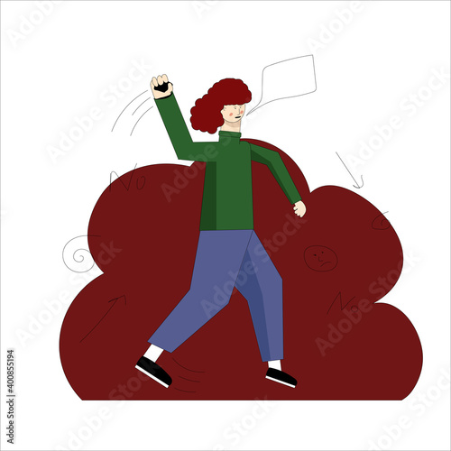 The girl is throwing a stone. The women is protesting. Riots among youth. The girl whips to throw a piece of stone. Vector illustration with blue lines in a flat style