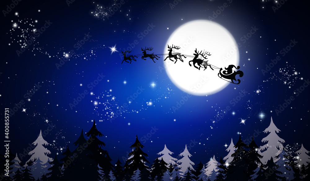Magic Christmas eve. Santa with reindeers flying in sky on full moon night