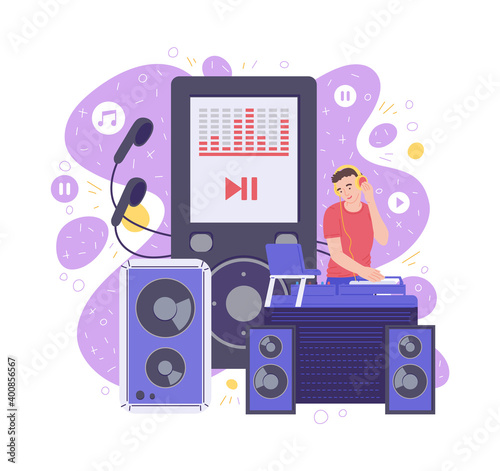 Music streaming service poster concept with cartoon DJ