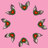 Cute kawaii hearts with wings. Pink background, red. Design print, wallpaper, packing paper, textiles, clothes, fabric, Valentine's day, cards.
