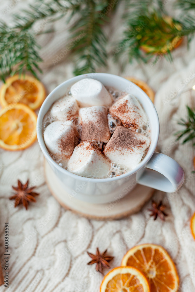 Christmas home decor. Cocoa with marshmallows. Christmas home decor. Cocoa with marshmallows.