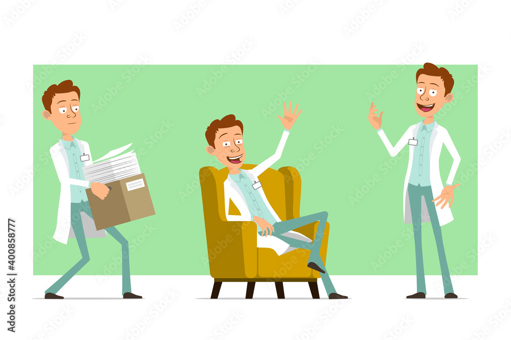 Cartoon flat funny doctor man character in white uniform with badge. Boy carrying box with papers and resting on sofa. Ready for animation. Isolated on green background. Vector set.