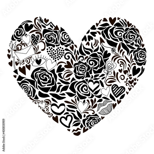 Valentine's Day. Postcard. Roses, hearts, lips, arrows and a letter are drawn in black in the shape of a heart. Stock vector illustration in flat style isolated on white background.