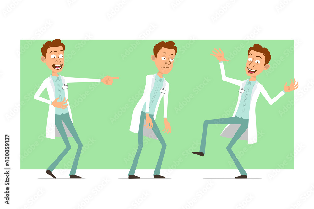 Cartoon flat funny doctor man character in white uniform with badge. Boy sad, tired, laughing and dance. Ready for animation. Isolated on green background. Vector set.