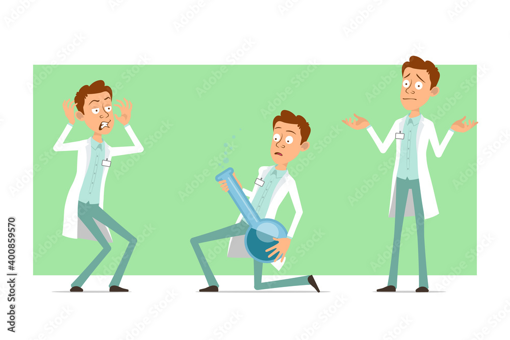 Cartoon flat funny doctor man character in white uniform with badge. Boy scared and holding chemical flask with liquid. Ready for animation. Isolated on green background. Vector set. Cartoon flat funny doctor man character in white uniform with badge. Boy scared and holding chemical flask with liquid. Ready for animation. Isolated on green background. Vector set.