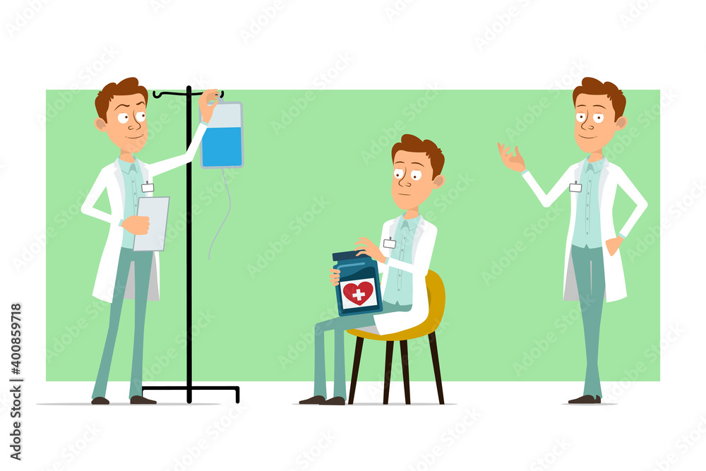 Cartoon flat funny doctor man character in white uniform with badge. Boy working with medical drop counter and holding document. Ready for animation. Isolated on green background. Vector set.