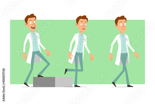 Cartoon flat funny doctor man character in white uniform with badge. Successful tired boy walking up to his goal. Ready for animation. Isolated on green background. Vector set.